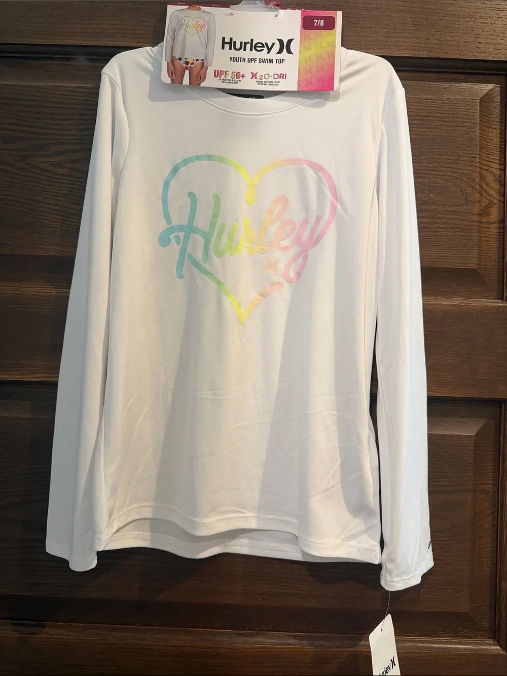 Hurley White Long-Sleeve Swim Tee with Pastel Rainbow Heart Logo